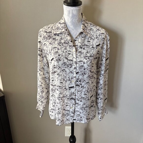 Le Caviar Womens Vintage People Print Blouse Long Sleeve Rare Small Shoulder Pad - Picture 2 of 5